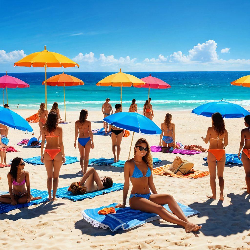 A vibrant beach scene featuring a diverse group of people showcasing various trendy beachwear styles, like swimsuits, cover-ups, and accessories. Include colorful beach umbrellas, sand, and clear blue water in the background. Capture a sense of fun and relaxation, with a sunny atmosphere and playful beach activities happening around. super-realistic. vibrant colors. sunny background.
