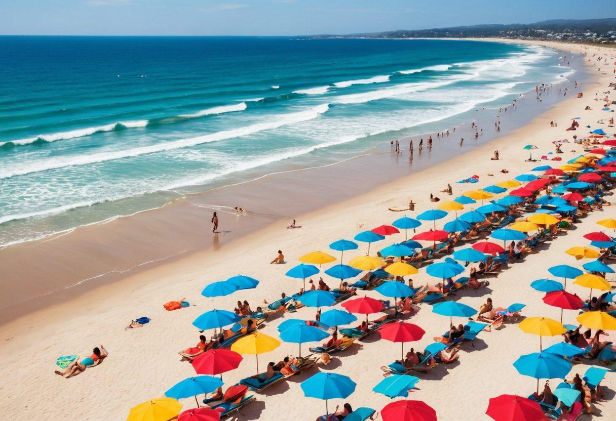 A vibrant beach scene featuring an array of stylish bathing suits displayed on a wide sandy shore, with sunbathers enjoying the sun, colorful beach umbrellas, and a sparkling ocean in the background. Each bathing suit should showcase different patterns and styles, representing various beach occasions like surfing, lounging, and swimming. The atmosphere should be lively, capturing the essence of summer fun. bright colors. super-realistic.
